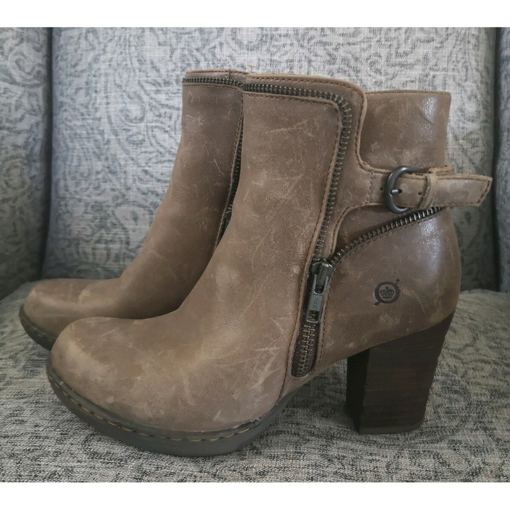 BORN Tan Leather Moto Ankle Boots Heels Buckle Zipper Size Womens US 7.5 38.5